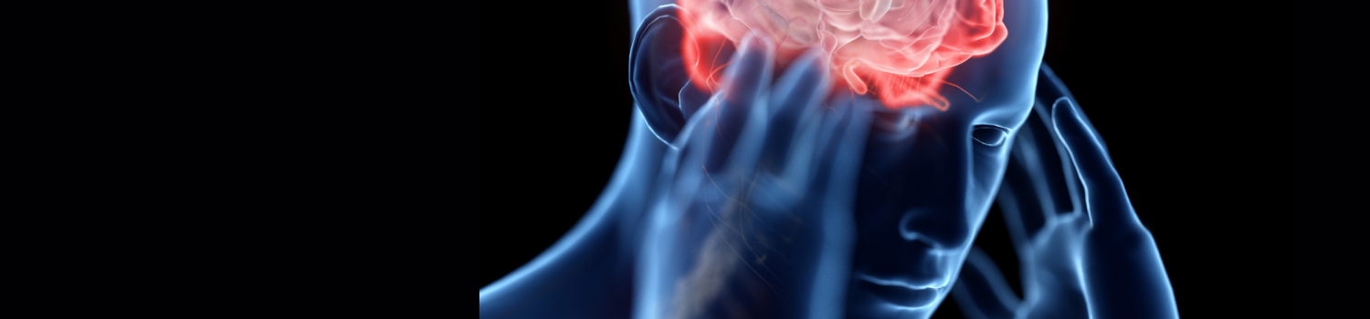 Illustration of x-ray image of a person raising up their hands to the sides of their head, with the brain colored in pink as a reference that this is a brain injury issue