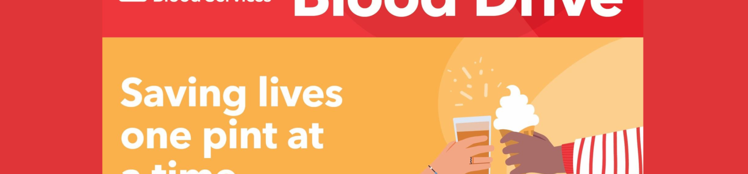 Vector art of one arm stretched out with a beverage in a cup toasting with another stretched out arm holding an ice cream cone dessert. New Jersey Blood Services logo with text reading "Blood Drive" and "Saving lives one pint at a time"