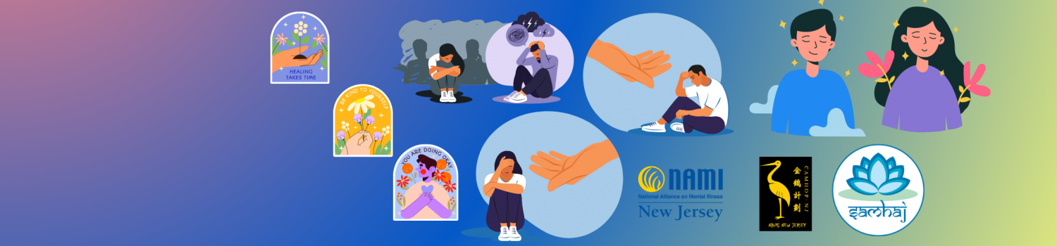 Progressing from upper left to lower right, mental health distress to getting help to healing and stable mental health, with positive messages.