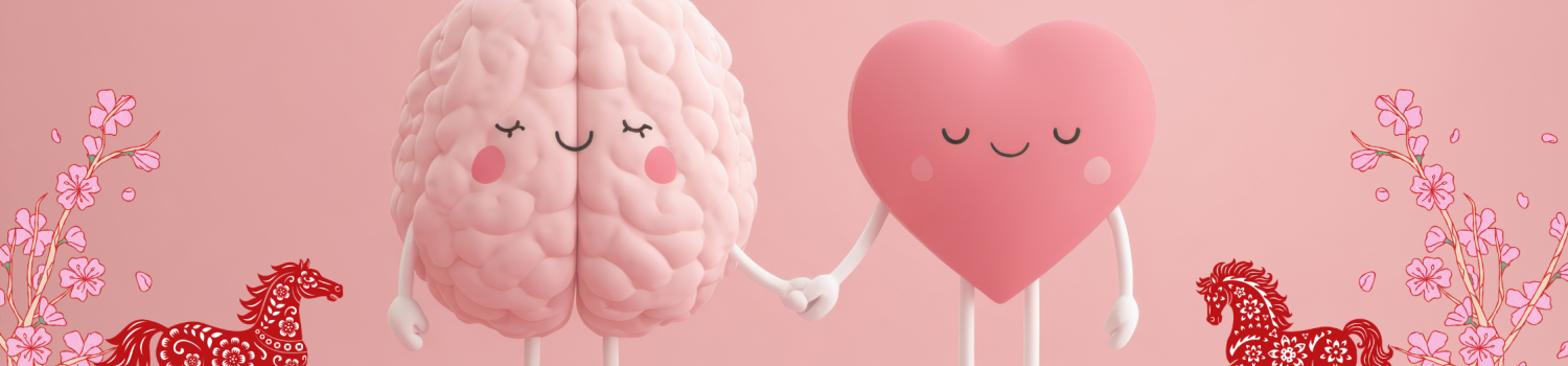 Anthropomorphic smiling brain and heart holding hands at the center of a pink background, with the NAMI NJ and CAMHOP logos centered along with soft illustrative elements of Lunar New Year such as cherry blossoms, clouds, and horses.