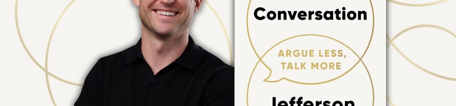 Graphic of author Jefferson Fisher's headshot and his book cover "The Next Conversation"