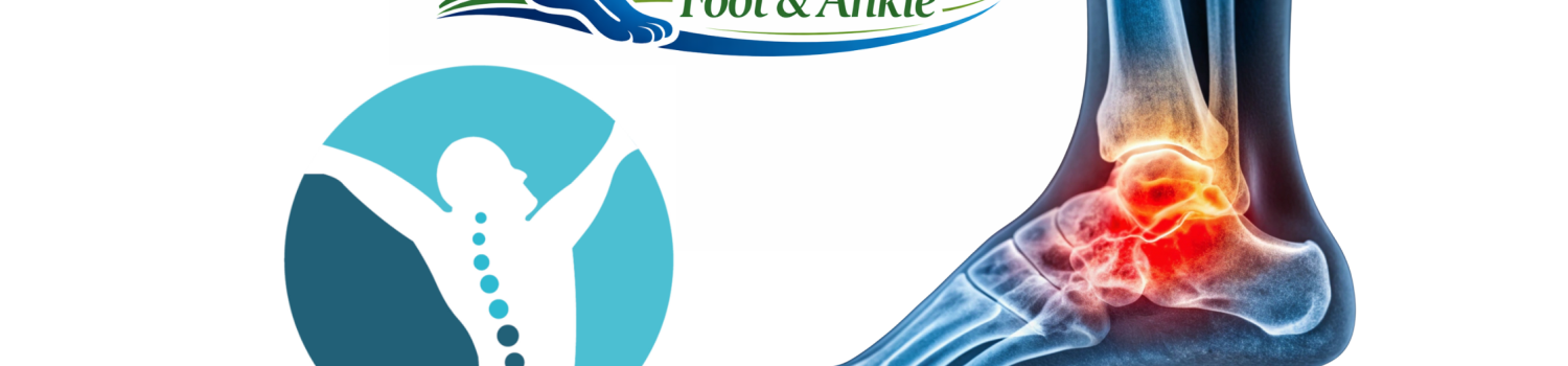 Illustration of ankle pain x-ray with logos for East Brunswick Foot & Ankle and Spineck Physical Therapy