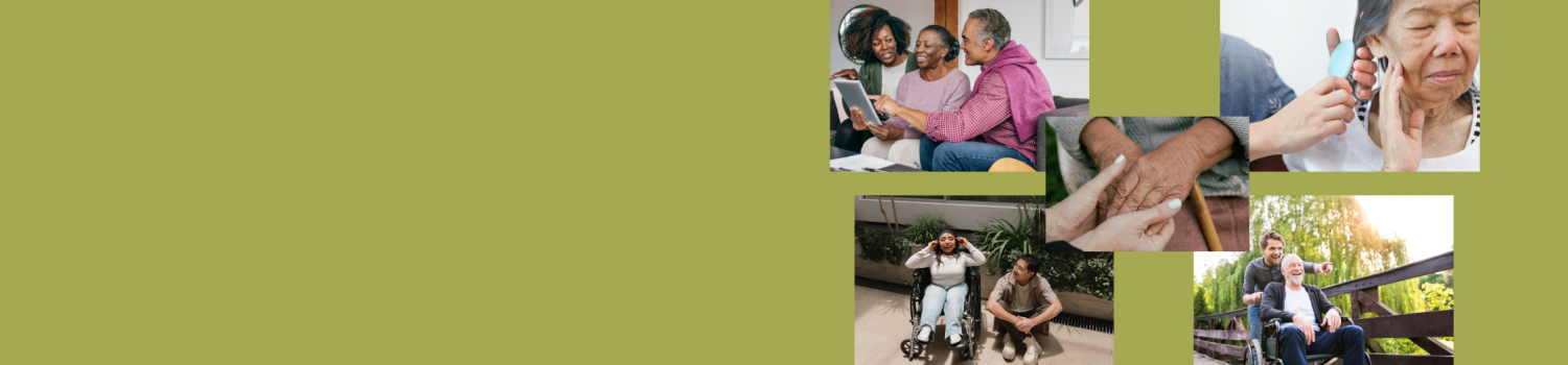 A collage of 5 photos. Top row: picture of black family with older mom and dad reading something with their adult daughter; picture of caregiver combing an elderly woman's hair. Center: picture of caregiver kindly holding elderly caregivee's hands. Bottom row: picture of young woman with disability in a wheelchair hanging out with her young caregiver sitting beside her; picture of young son pointing at something while on a walk with elderly dad in wheelchair