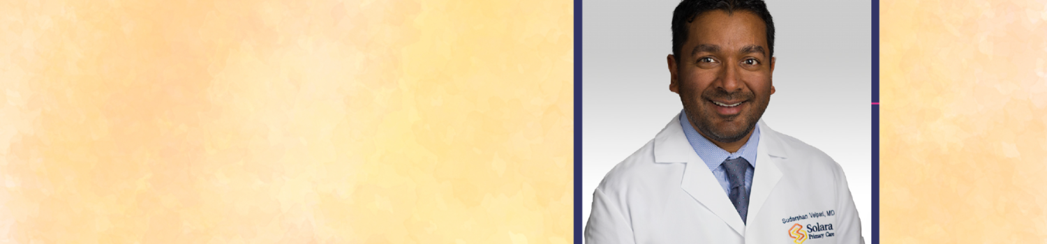 picture of Dr. Velpari with an orange yellow watercolor background