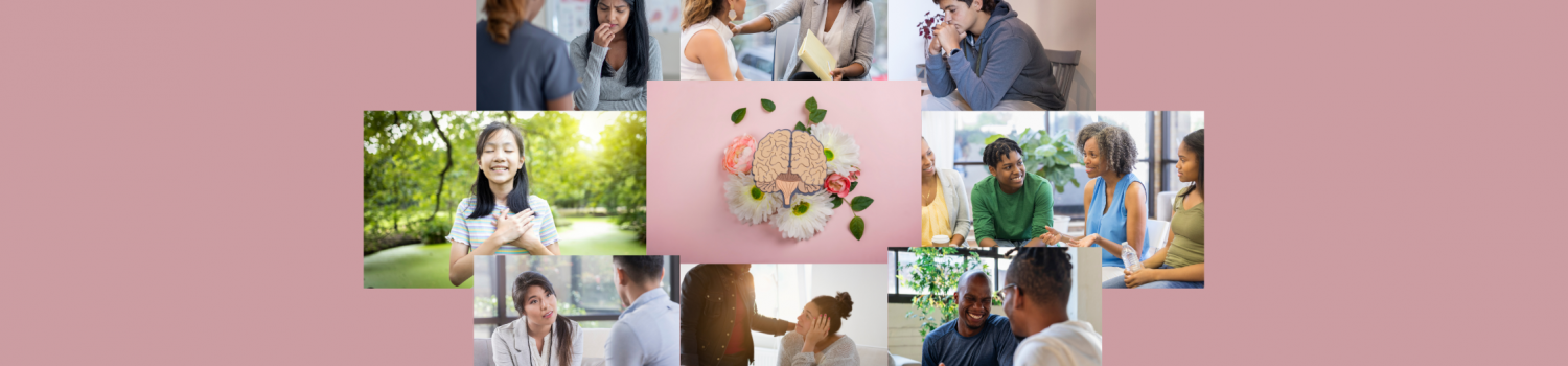 Collage of multicultural groups in mental health scenarios such as support groups and therapy sessions