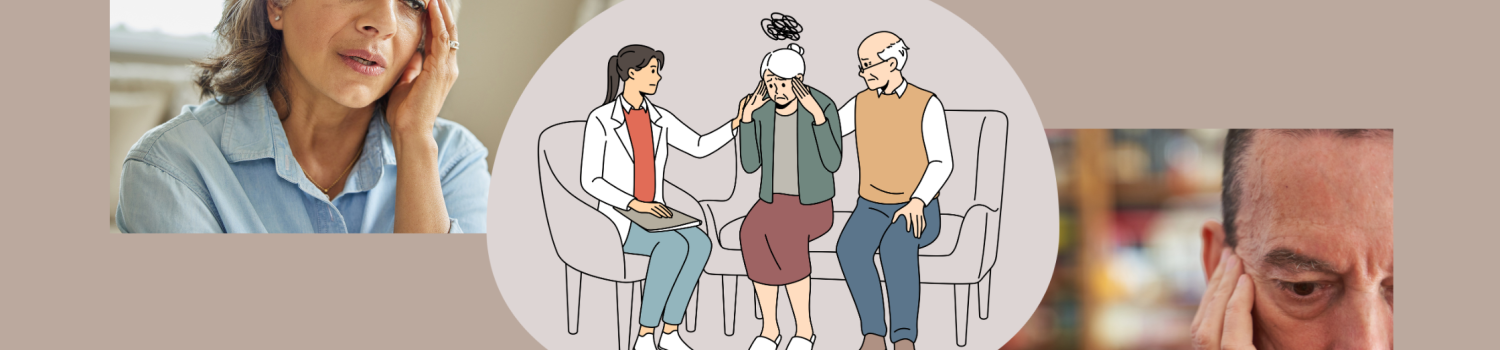 illustration of female doctor talking with elderly woman suffering from memory loss alongside relative; photo of elderly woman looking confused possibly from memory loss; photo of elderly man looking pensive and anxious possibly from memory loss