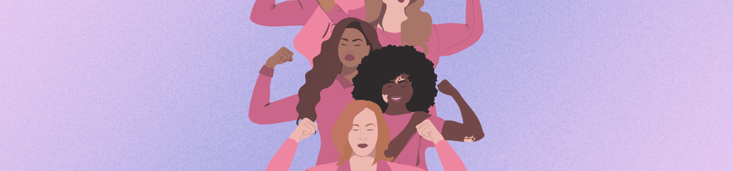 A group of women wearing pink making a muscle gesture on a pink and purple ombre background.