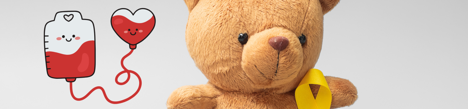 Image of stuffed bear toy with a golden yellow ribbon for Childhood Cancer Awareness Month on it. On the left there is a vector illustration of a blood bag connected to a heart shape filled with blood with smiley faces on both, and below that is the New Jersey Blood Services logo.