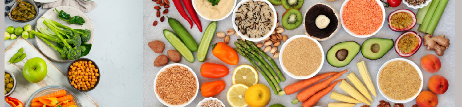 Plant-based foods display including grains, nuts, seeds, fruits, vegetables, cereals, legumes, and spices