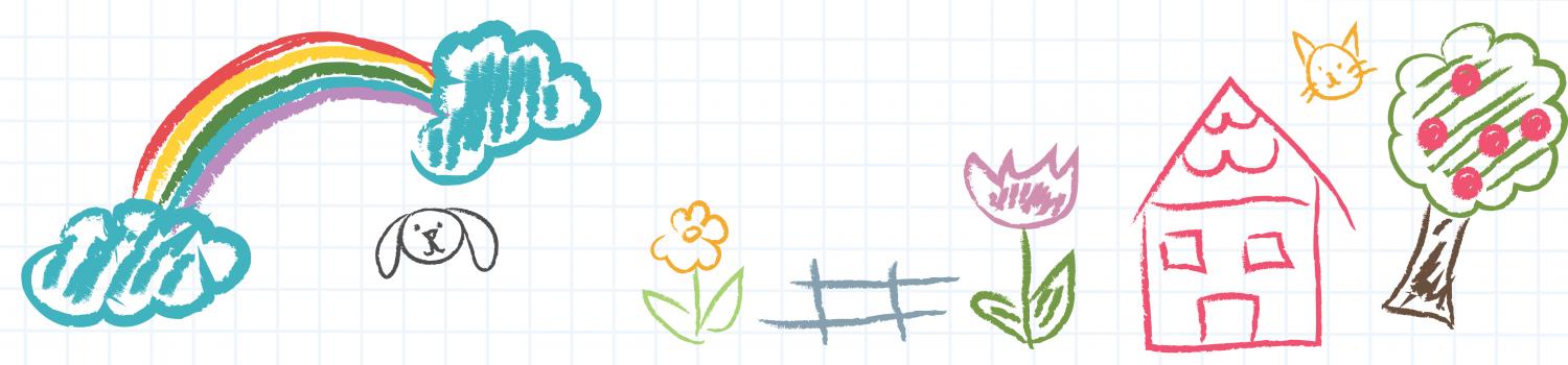 child's crayon drawing of a house, flowers, fruit tree, bumble bee, and a rainbow in the sky with clouds