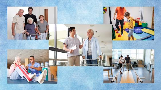 center: physical therapist talking and walking with a senior patient using walker; top left: group of senior physical therapy patients with a PT assistant; bottom left: physical therapist teaching a patient to do a PT exercise; top right: physical therapist guiding a child patient through occupational therapy exercise; bottom right: physical therapist helping patient with an equipment-assisted walking exercise