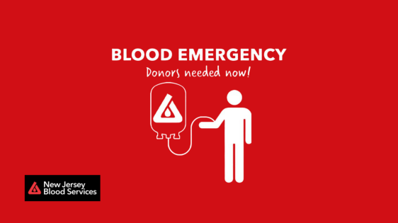 vector art of floating blood bag with NYBC/NJBS logo connected to a person donating blood under text: "Blood Emergency. Donors needed now!"