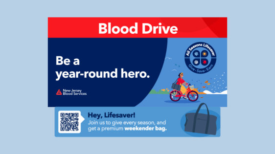 Text: Blood Drive. Be a year-round hero. All Seasons Lifesaver. Give. Save. Earn. Hey, Lifesaver! Join us to give every season, and get a premium weekender bag. Vector illustration: woman riding a bike while holding a weekender bag.
