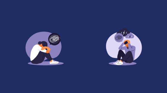 Illustrations of a young woman with her head resting on her knees while sad and a young man with his hands on his head in frustration.