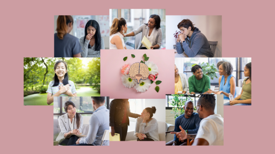 Collage of multicultural groups in mental health scenarios such as support groups and therapy sessions