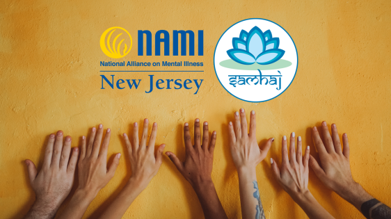 many hands of different shades of brown on a golden yellow painted stone wall with the NAMI NJ logo and SAMHAJ logo