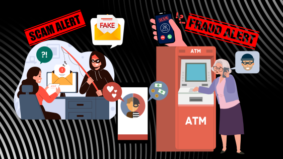 illustrations of fake email, love scam via cell phone, email phishing of a young woman through her computer, elderly woman going to an ATM due to being scammed in a deceptive money transfer, phone call marked as scam, with signs saying "scam alert" and "fraud alert"