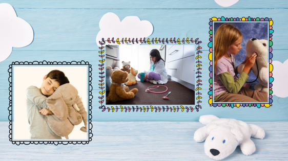 3 pictures of kids playing with their stuffed animals and giving them health checkups with a wall decorated as a blue sky background and a white stuffed bear toy at the bottom