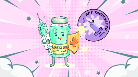 illustration of anthropomorphic vaccine carrying a syringe and a shield, with a message stating 'get vaccinated'